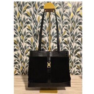 EUC Salvatore Ferragamo Black Suede Croc Embossed Gancini Tote Bag